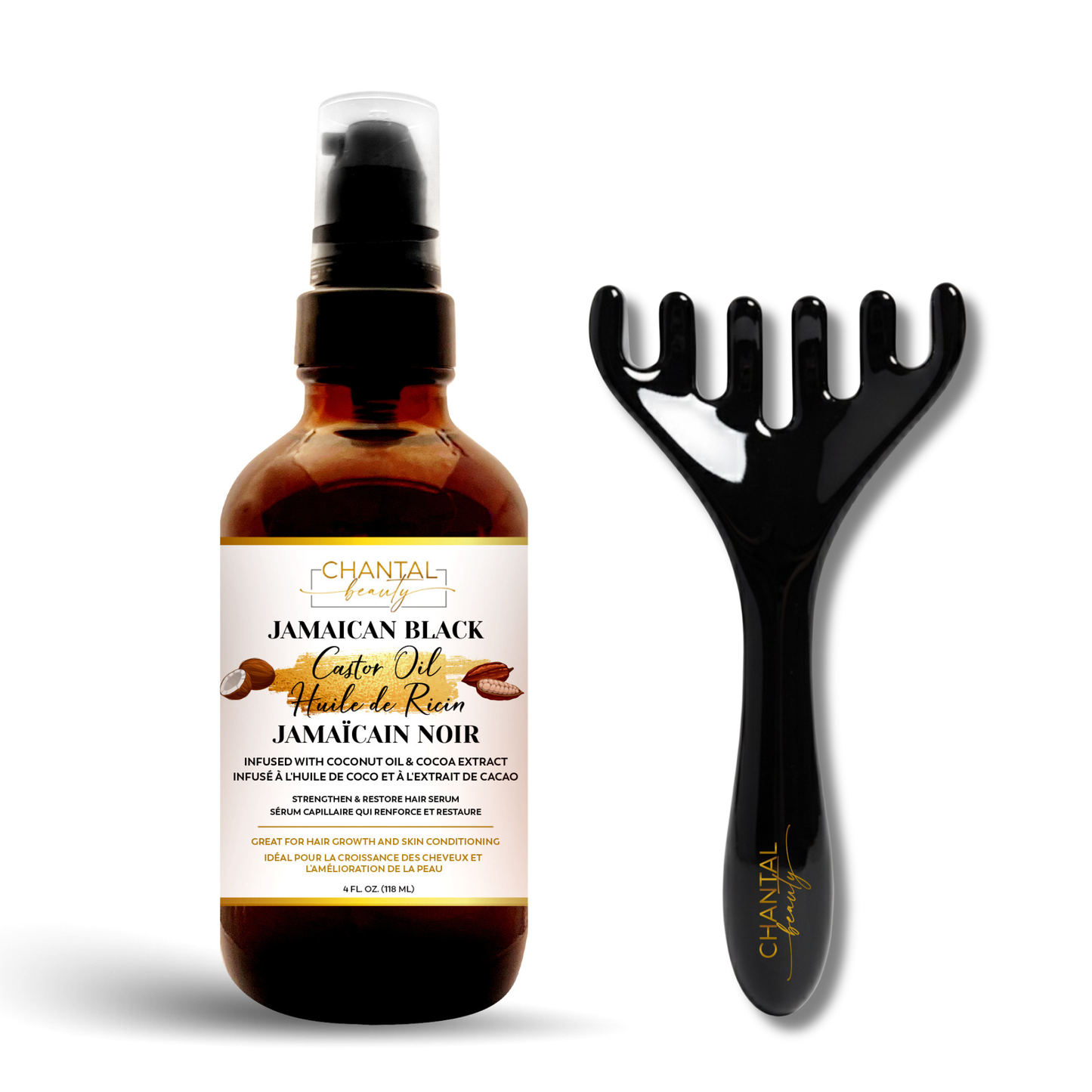 Chantal Beauty 100% Pure Jamaican Black Castor Oil with Coconut Oil & Cocoa Extract with FREE Hair Massager
